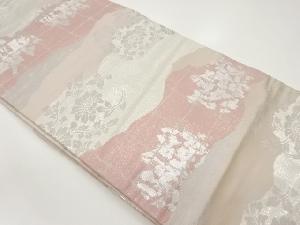 銀金通し道長取に格子・花々模様織出し名古屋帯